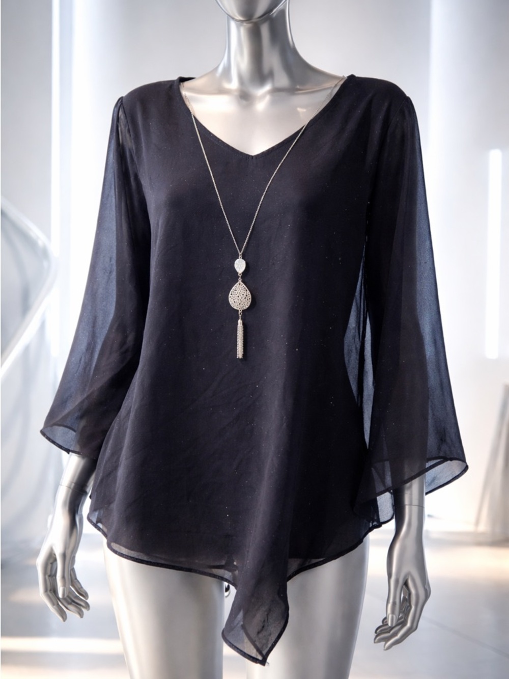Women's Black V-Neck Sheer Handkerchief Hem Blouse